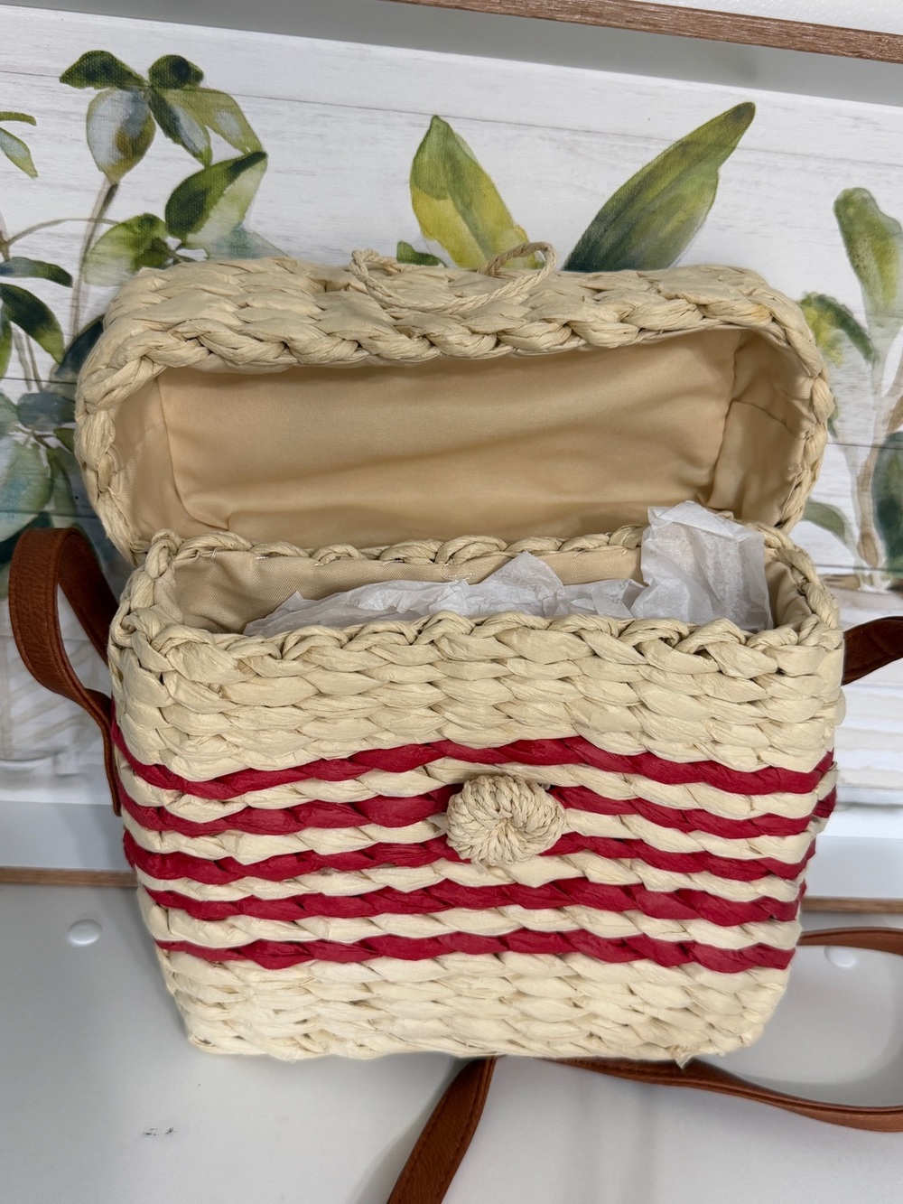 Woven Straw Crossbody Bag with Red Stripe Accent